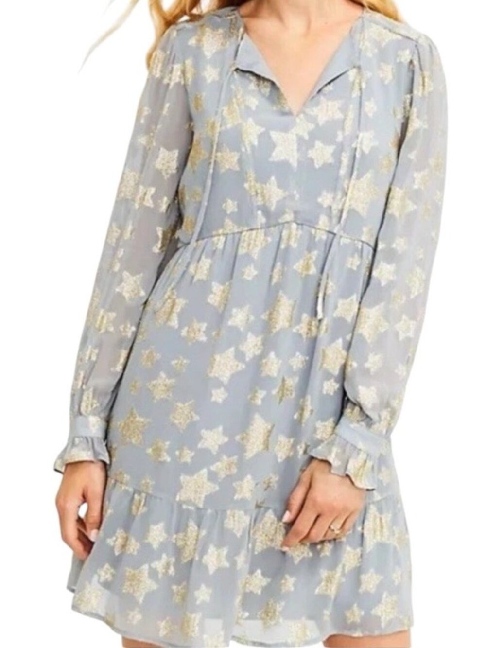 LOFT Gray And Gold Star Print Shimmer Sparkle Whimsical Preppy Dress Medium